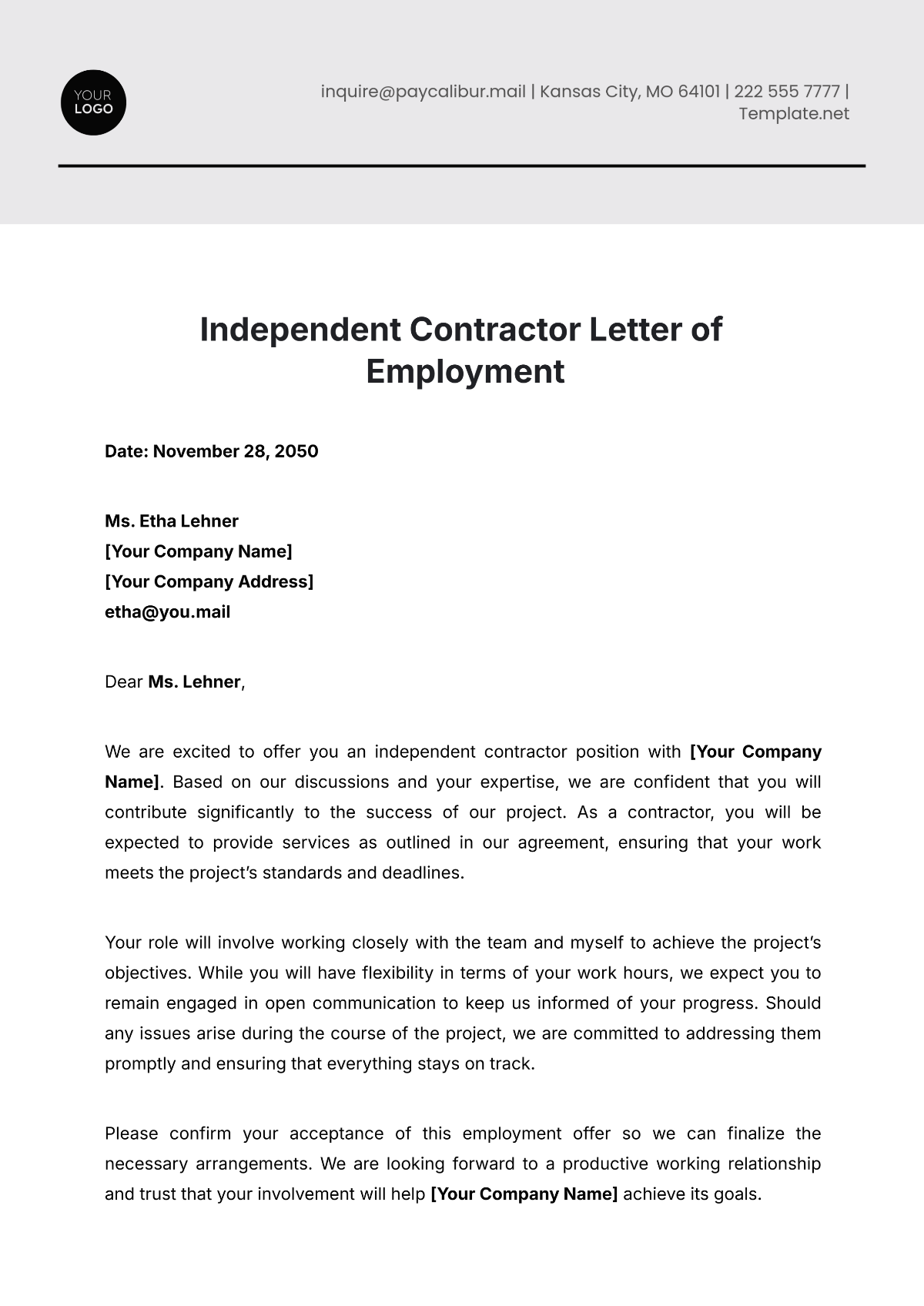 Independent Contractor Letter of Employment Template - Edit Online & Download