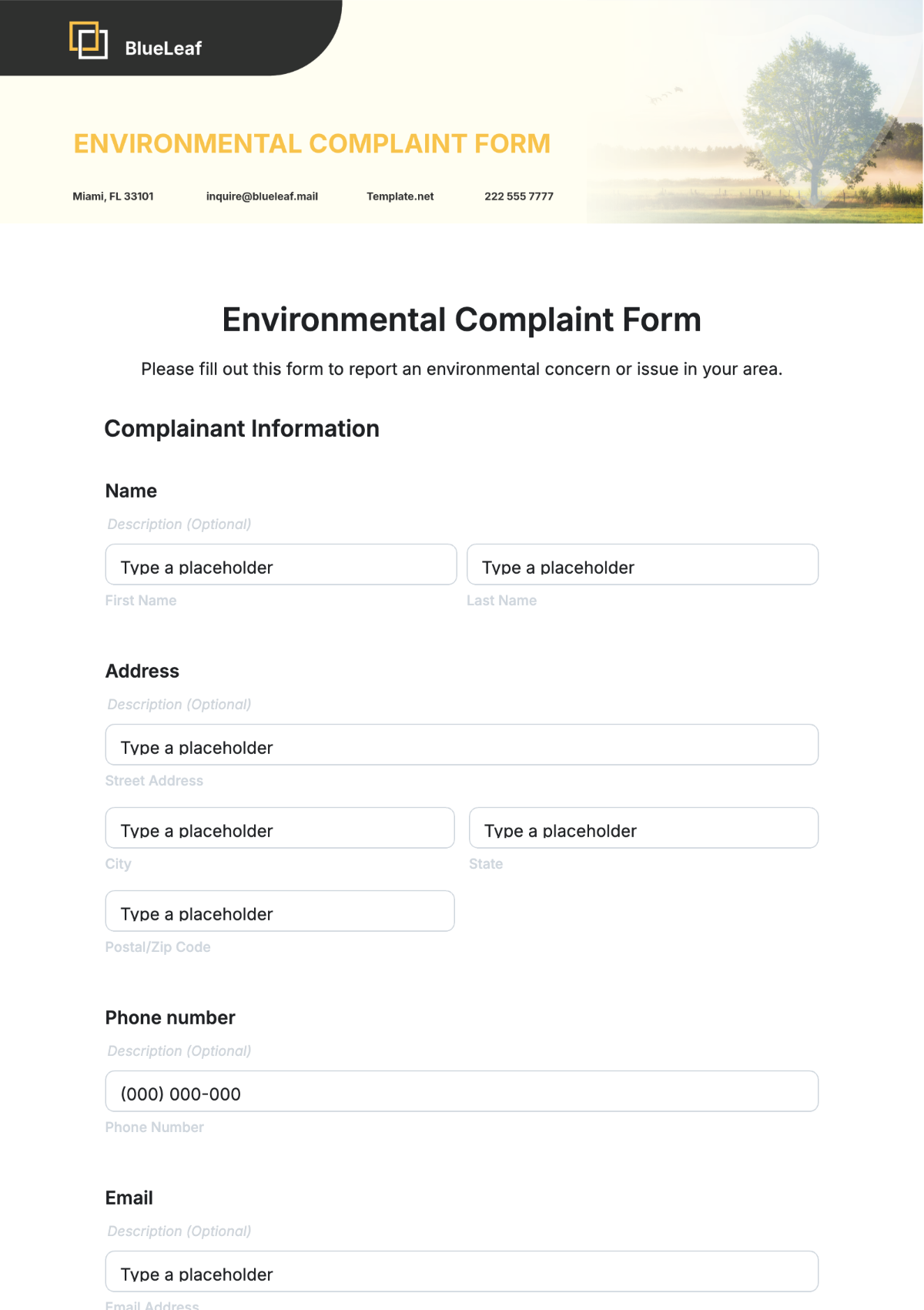 Environmental Complaint Form Template - Edit Online & Download