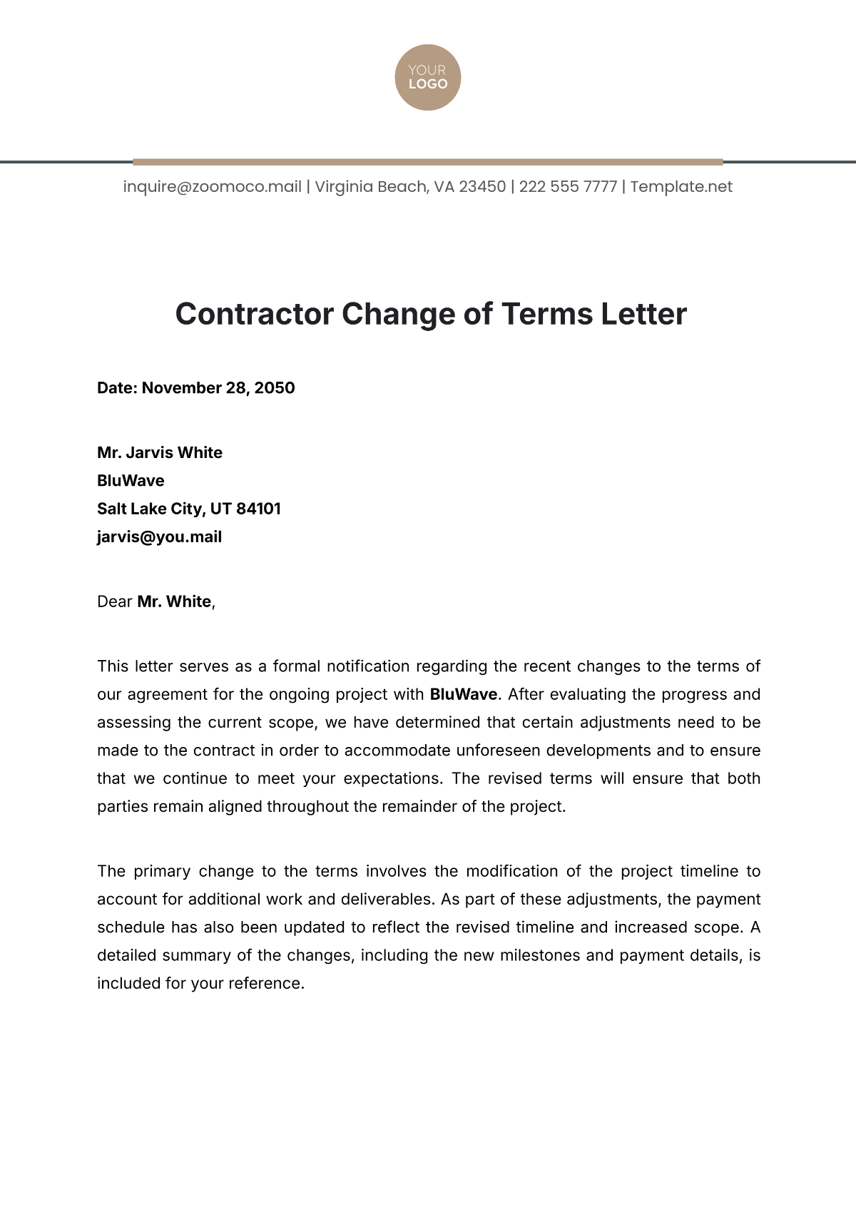 Contractor Change of Terms Letter Template - Edit Online & Download