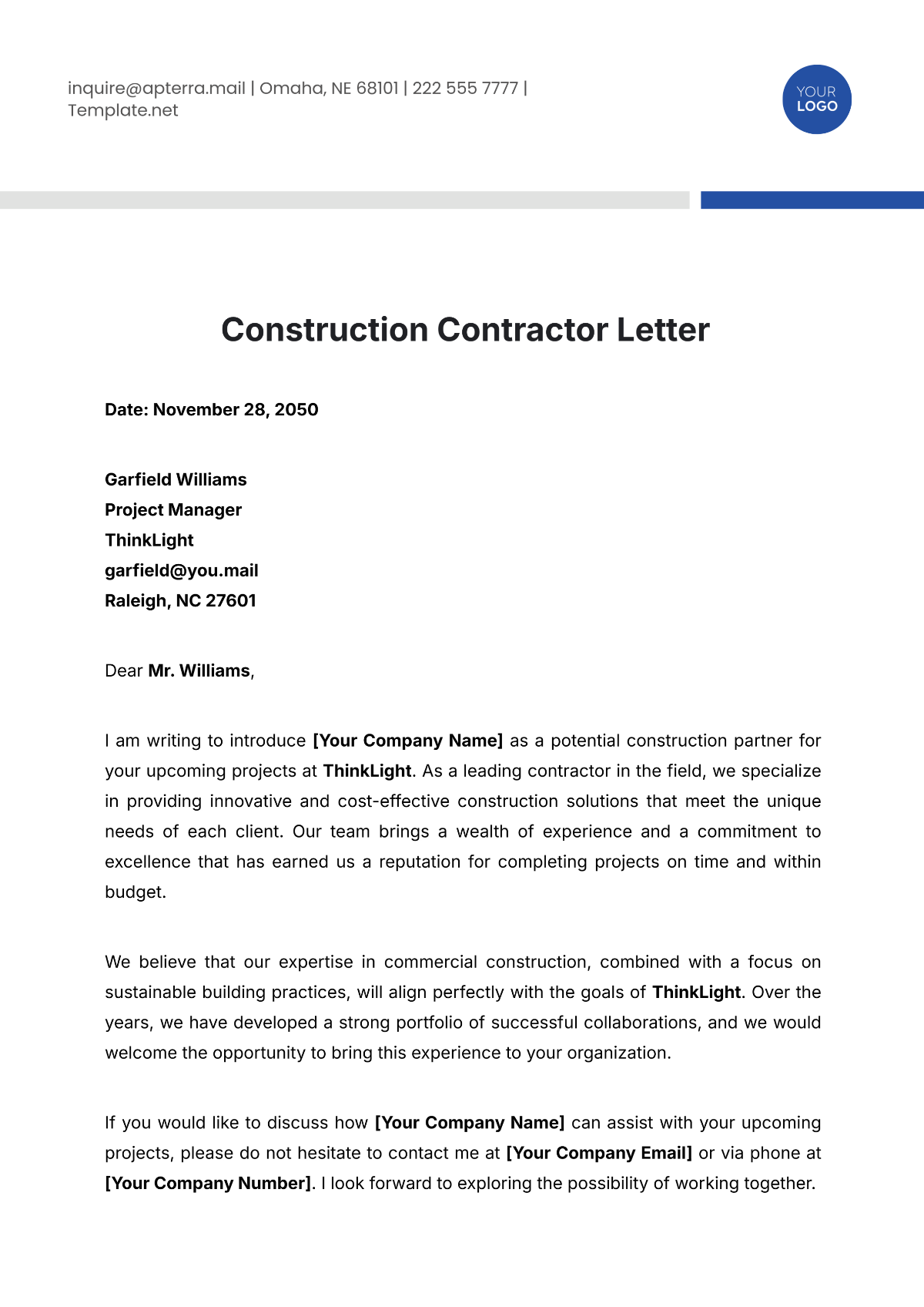 Construction Contractor Letter Template - Edit Online & Download