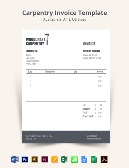Carpentry Invoice Template [Free PDF] - Word | Excel | PSD | InDesign