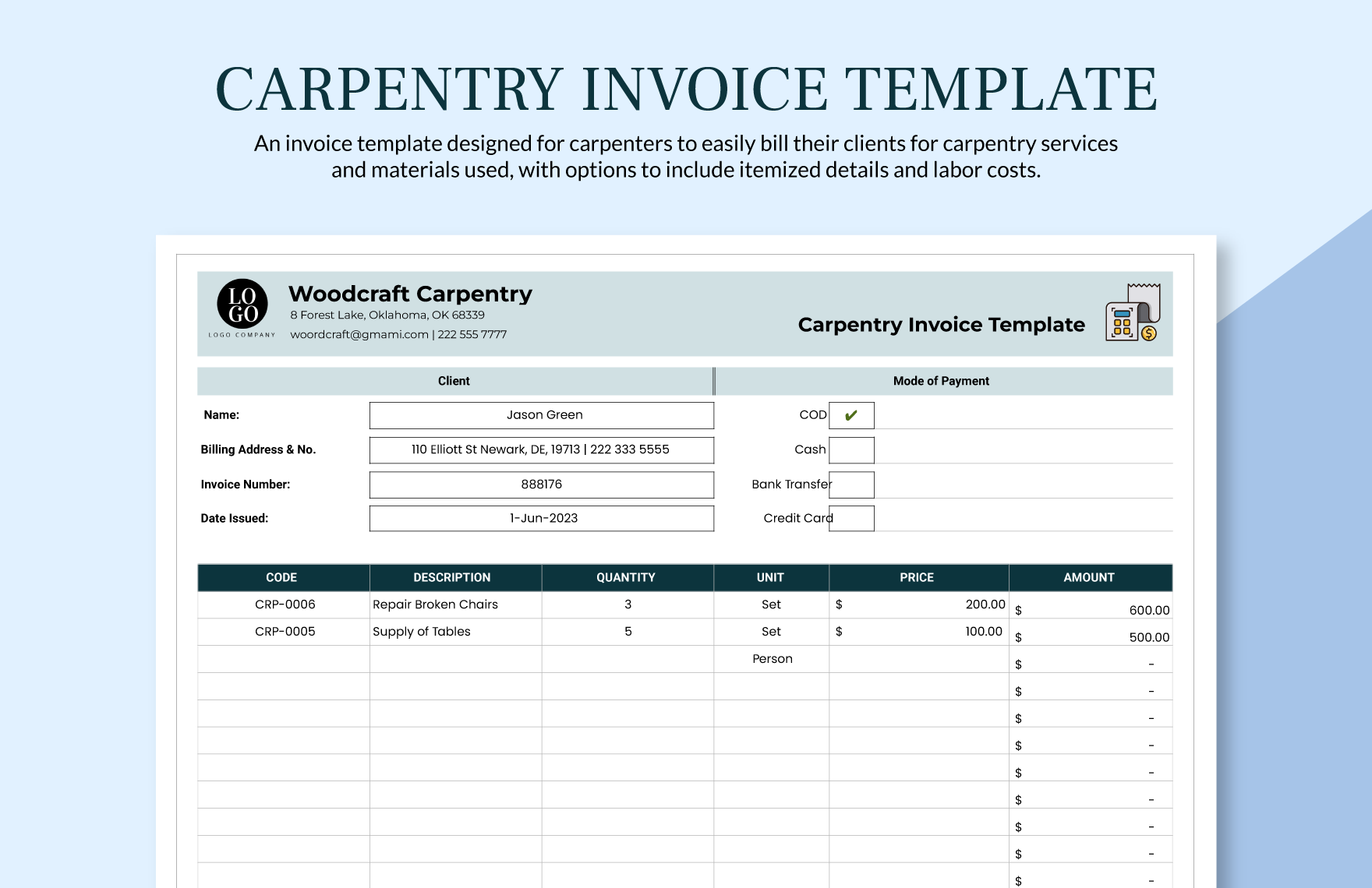 Carpentry Invoice Template in Word, Google Docs, Excel, PDF, Google Sheets, Illustrator, PSD, Apple Pages, InDesign, Apple Numbers