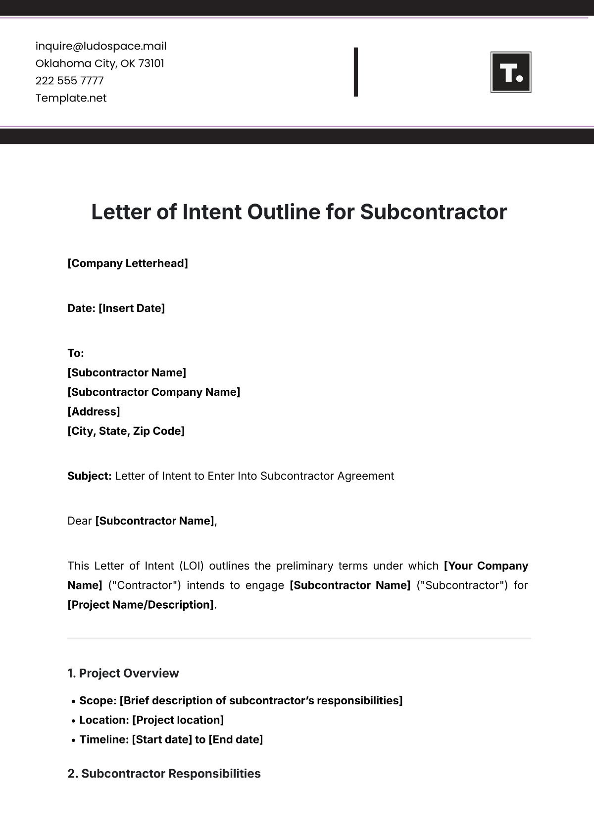 Letter of Intent Outline for Subcontractor Template - Edit Online & Download