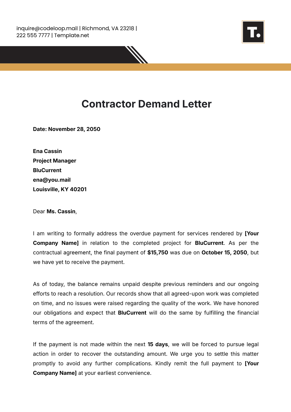 Contractor Demand Letter Template - Edit Online & Download