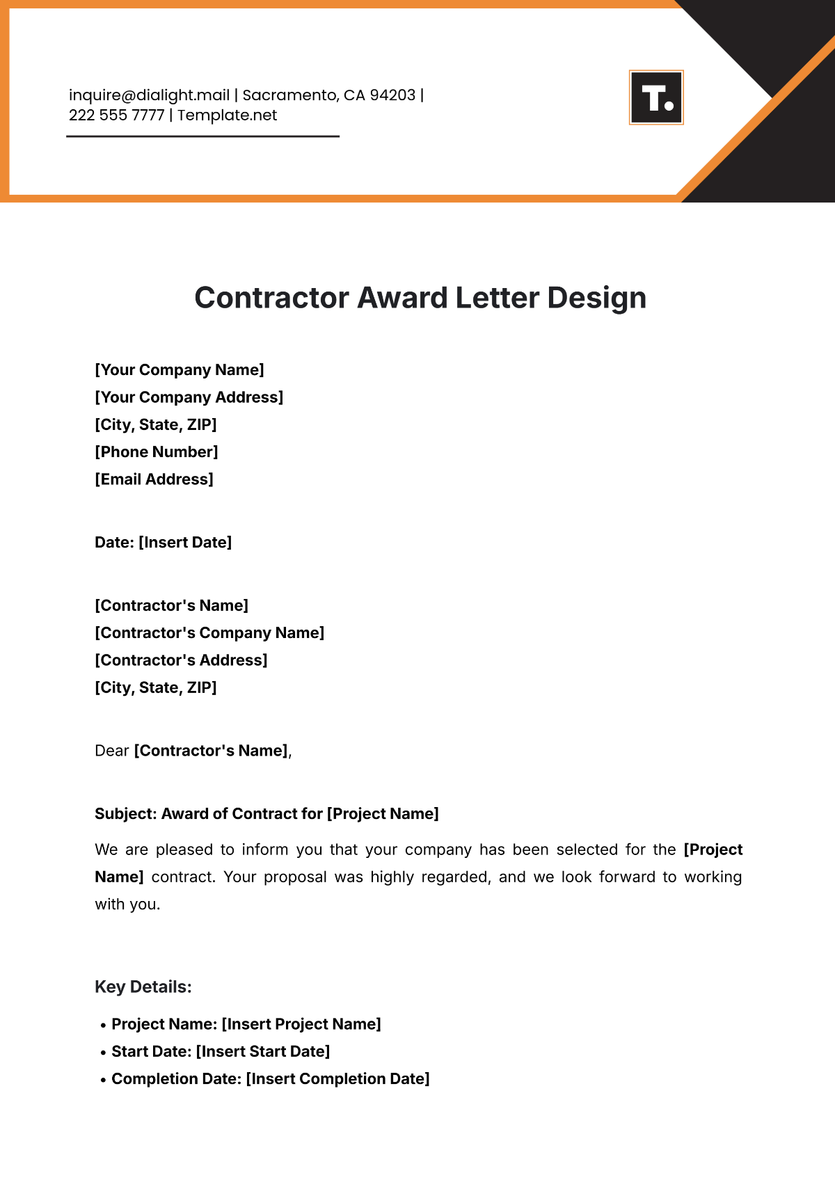 Contractor Award Letter Design Template - Edit Online & Download