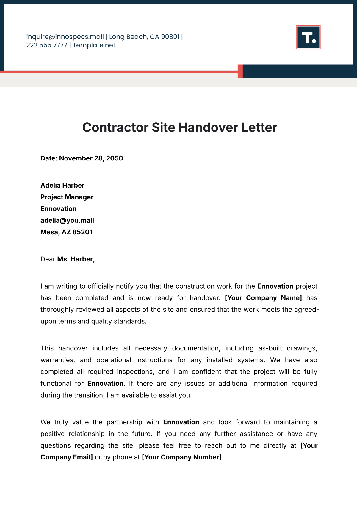 Contractor Site Handover Letter Template