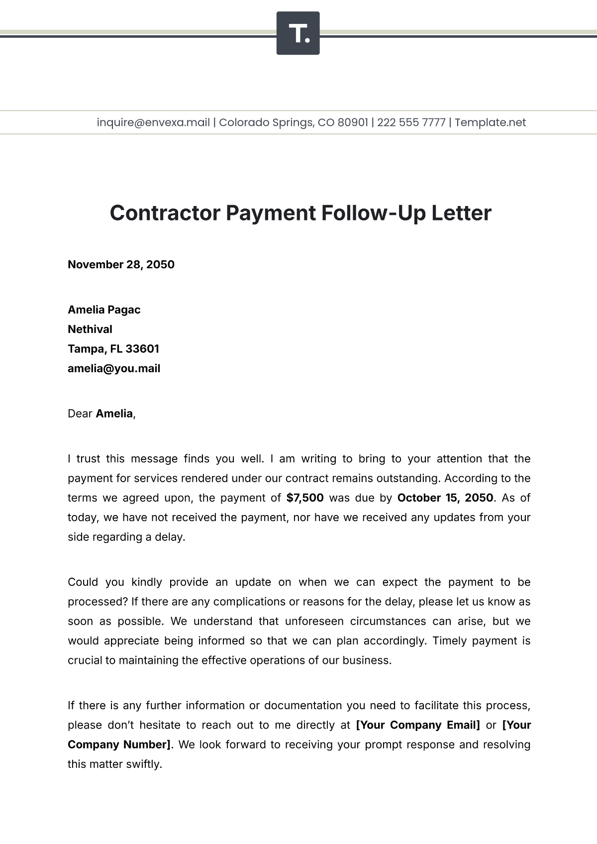 Contractor Payment Follow Up Letter Template - Edit Online & Download