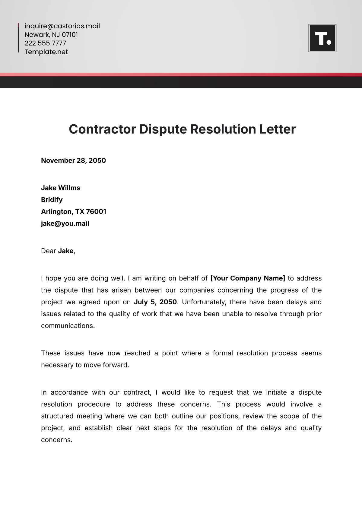 Contractor Dispute Resolution Letter Template