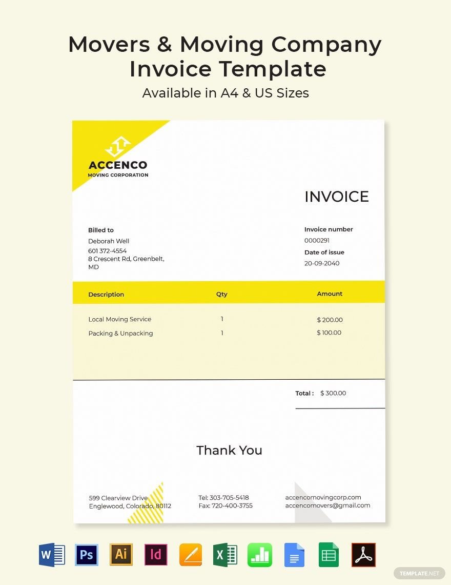 Movers & Moving Company Invoice Template in Word, Google Docs, Excel, PDF, Google Sheets, Illustrator, PSD, Apple Pages, InDesign, Apple Numbers