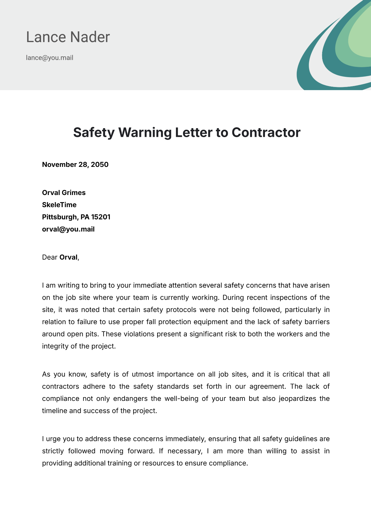 Safety Warning Letter to Contractor Template - Edit Online & Download