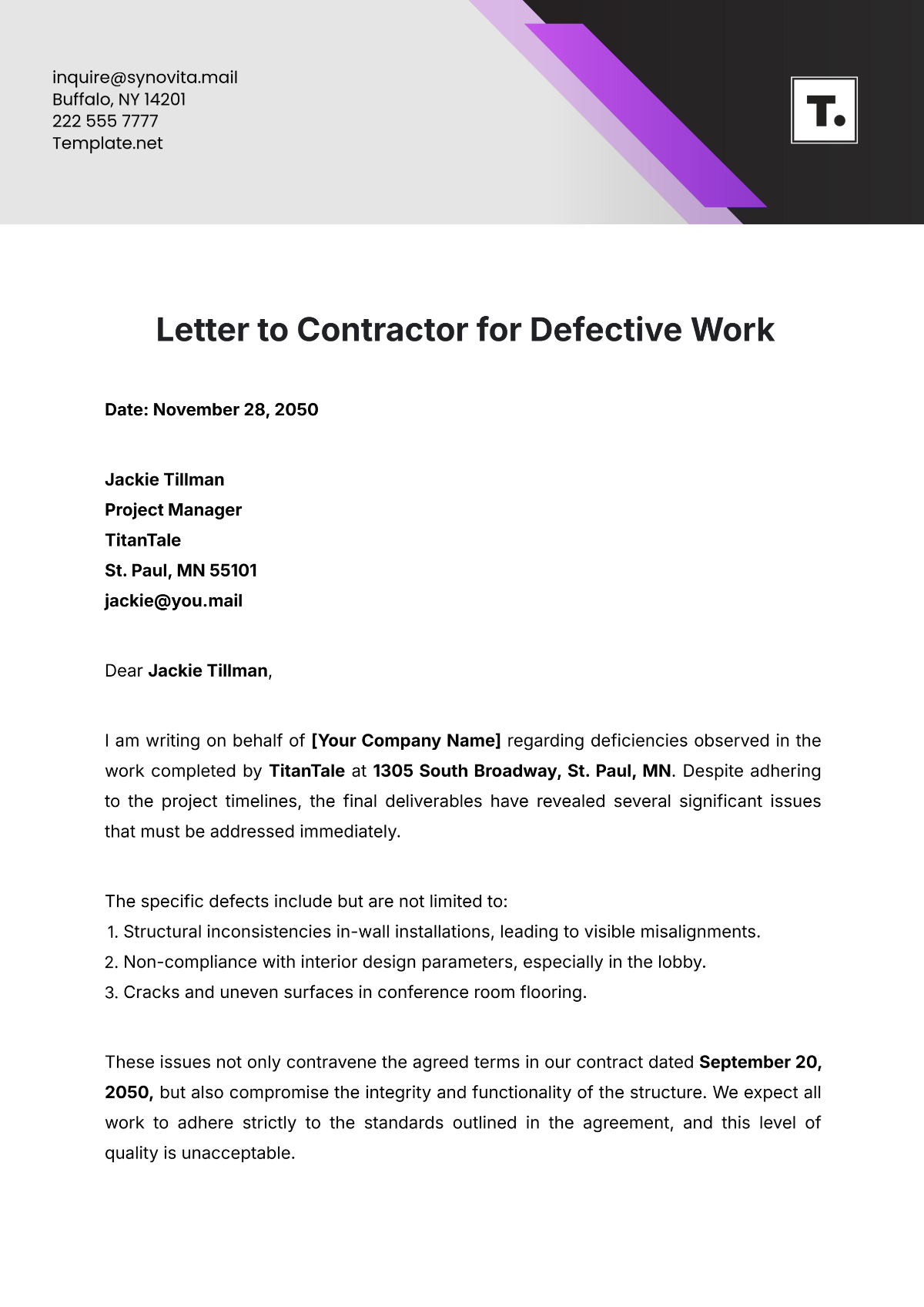 Letter to Contractor for Defective Work Template