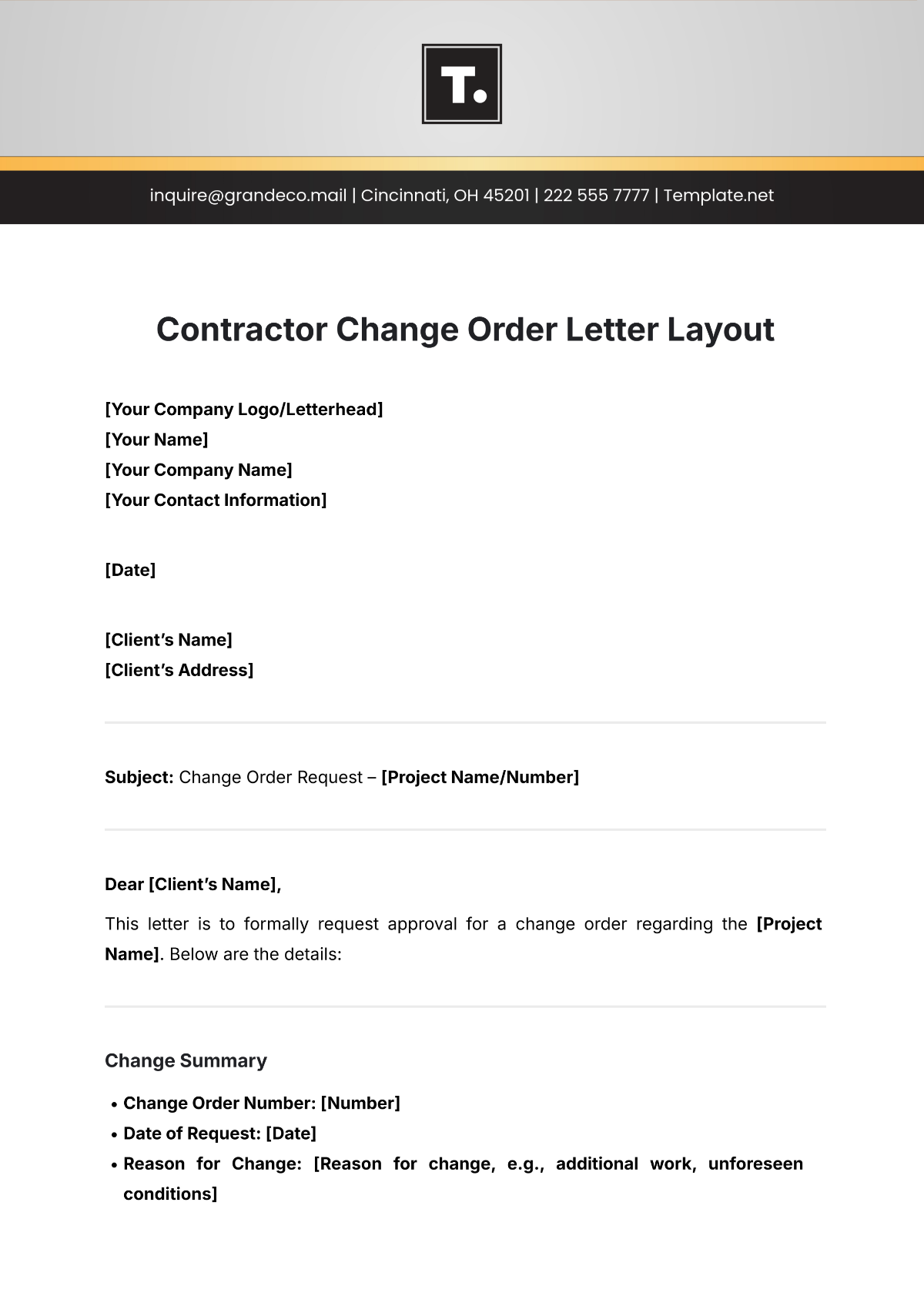 Contractor Change Order Letter Layout Template - Edit Online & Download