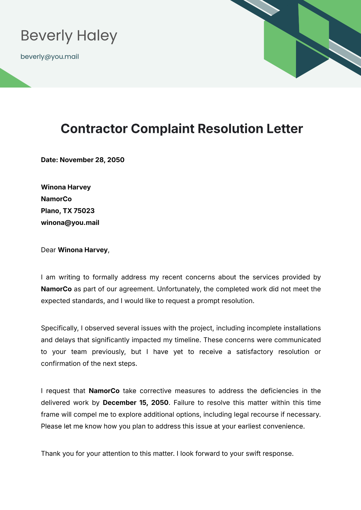 Contractor Complaint Resolution Letter Template - Edit Online & Download