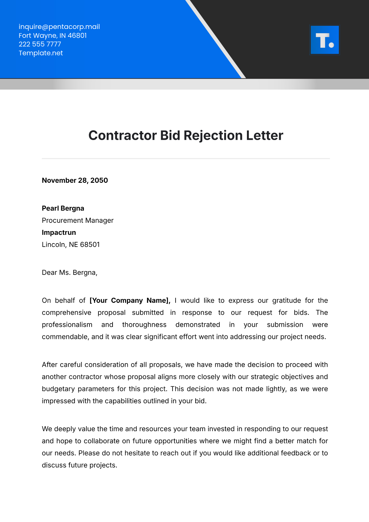 Contractor Bid Rejection Letter Template - Edit Online & Download