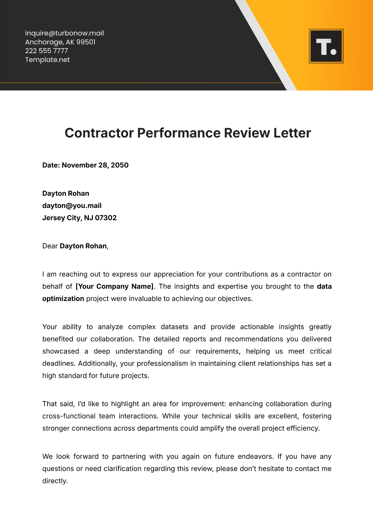 Contractor Performance Review Letter Template - Edit Online & Download