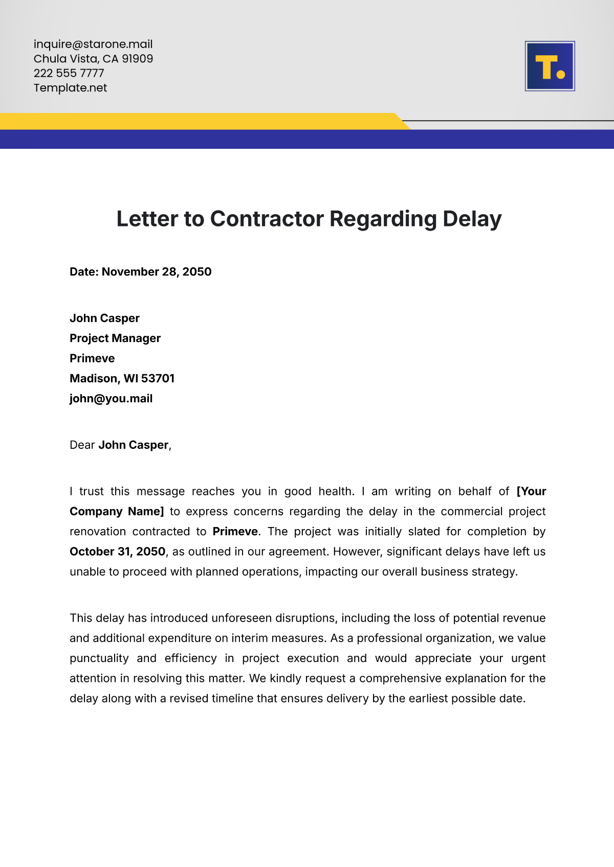 Letter to Contractor for Delay Template - Edit Online & Download