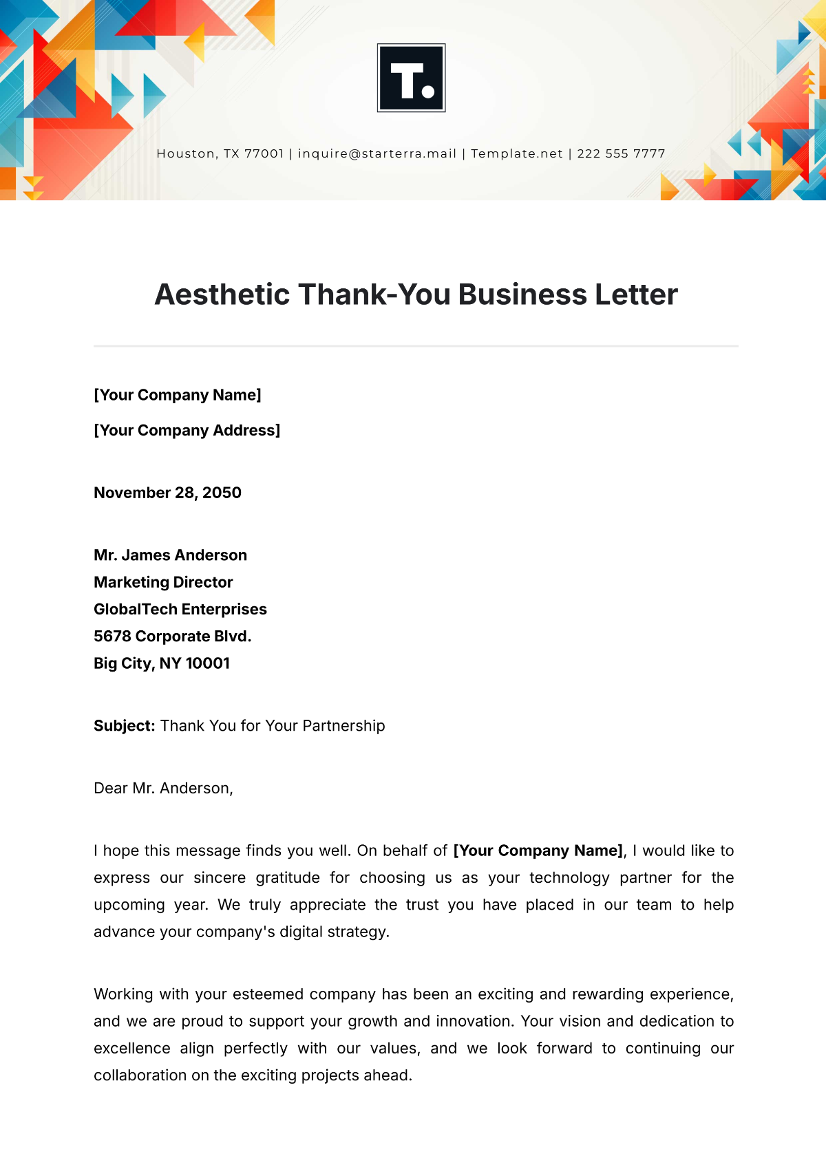 Free Aesthetic Thank-You Business Letter Template