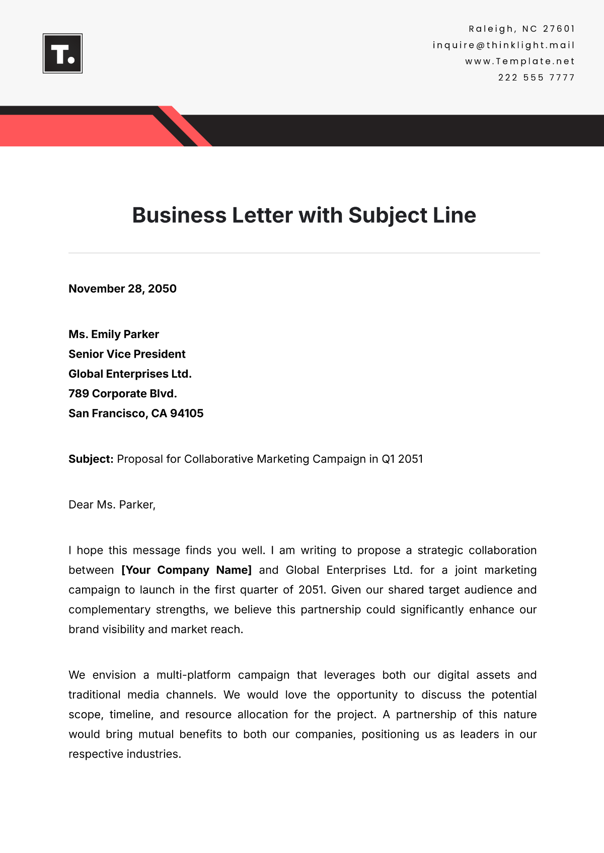 Free Business Letter with Subject Line Template