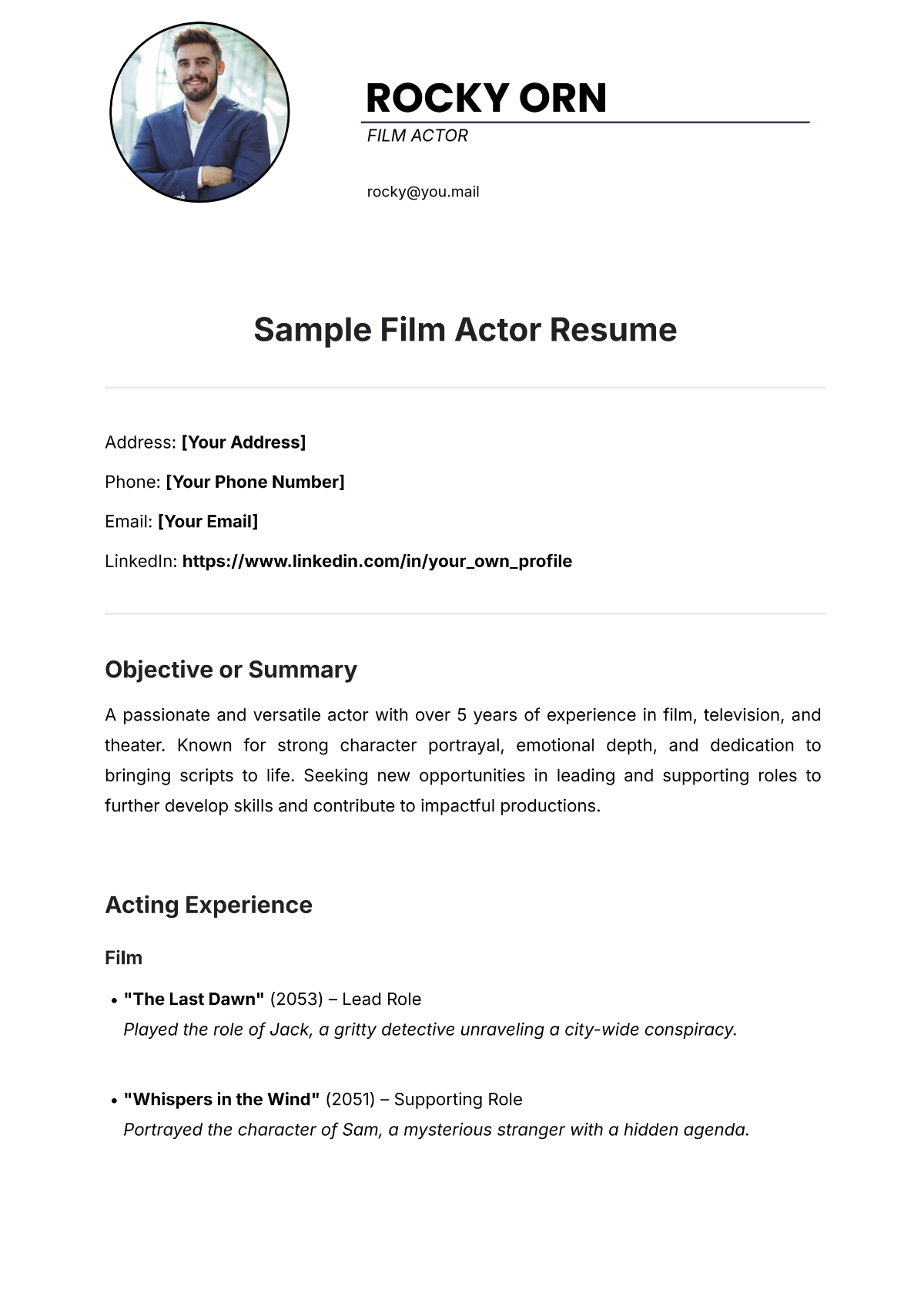 Sample Film Actor Resume Template - Edit Online & Download