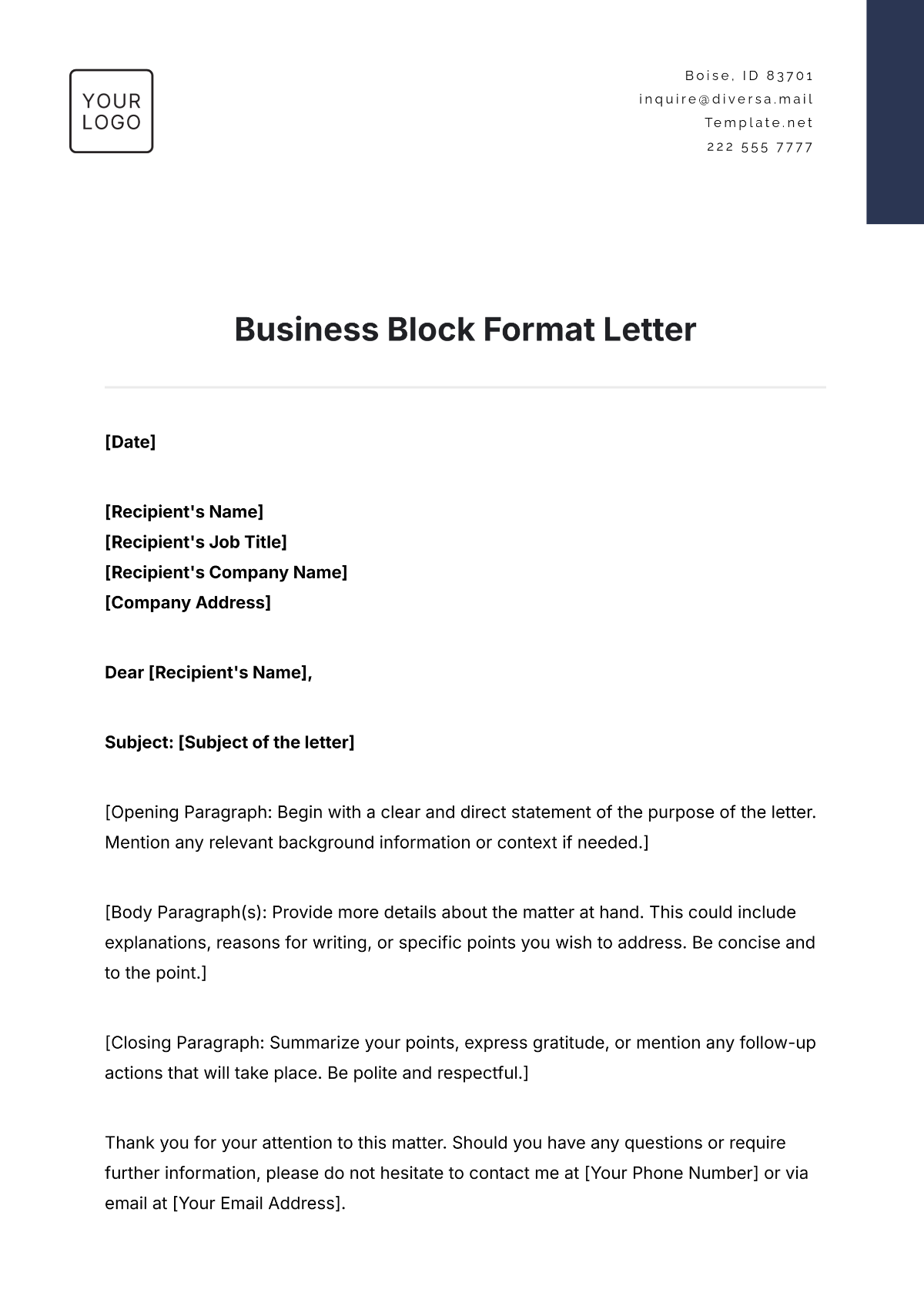 Free Business Block Format Letter Template