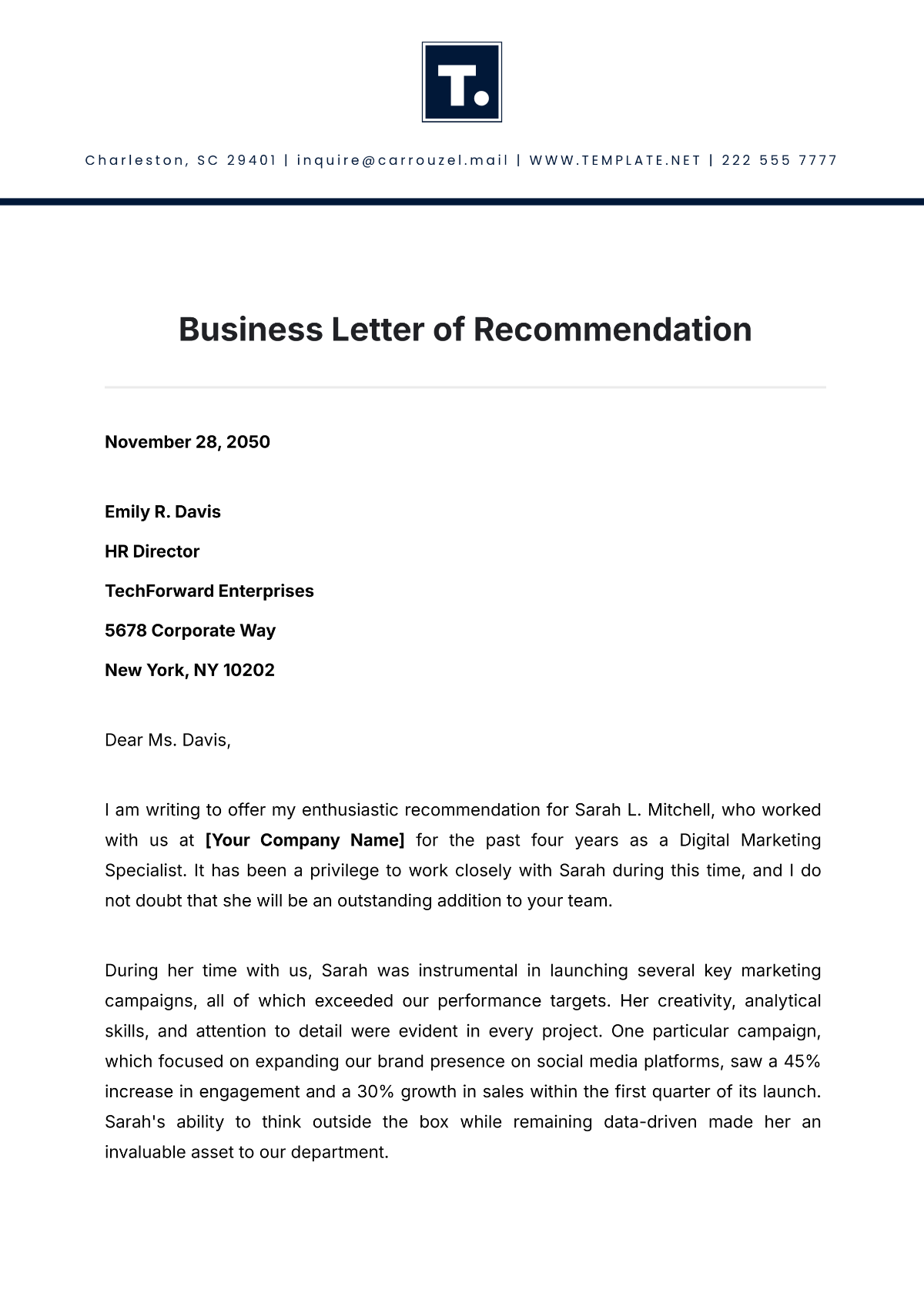 Business Letter of Recommendation Template - Edit Online & Download