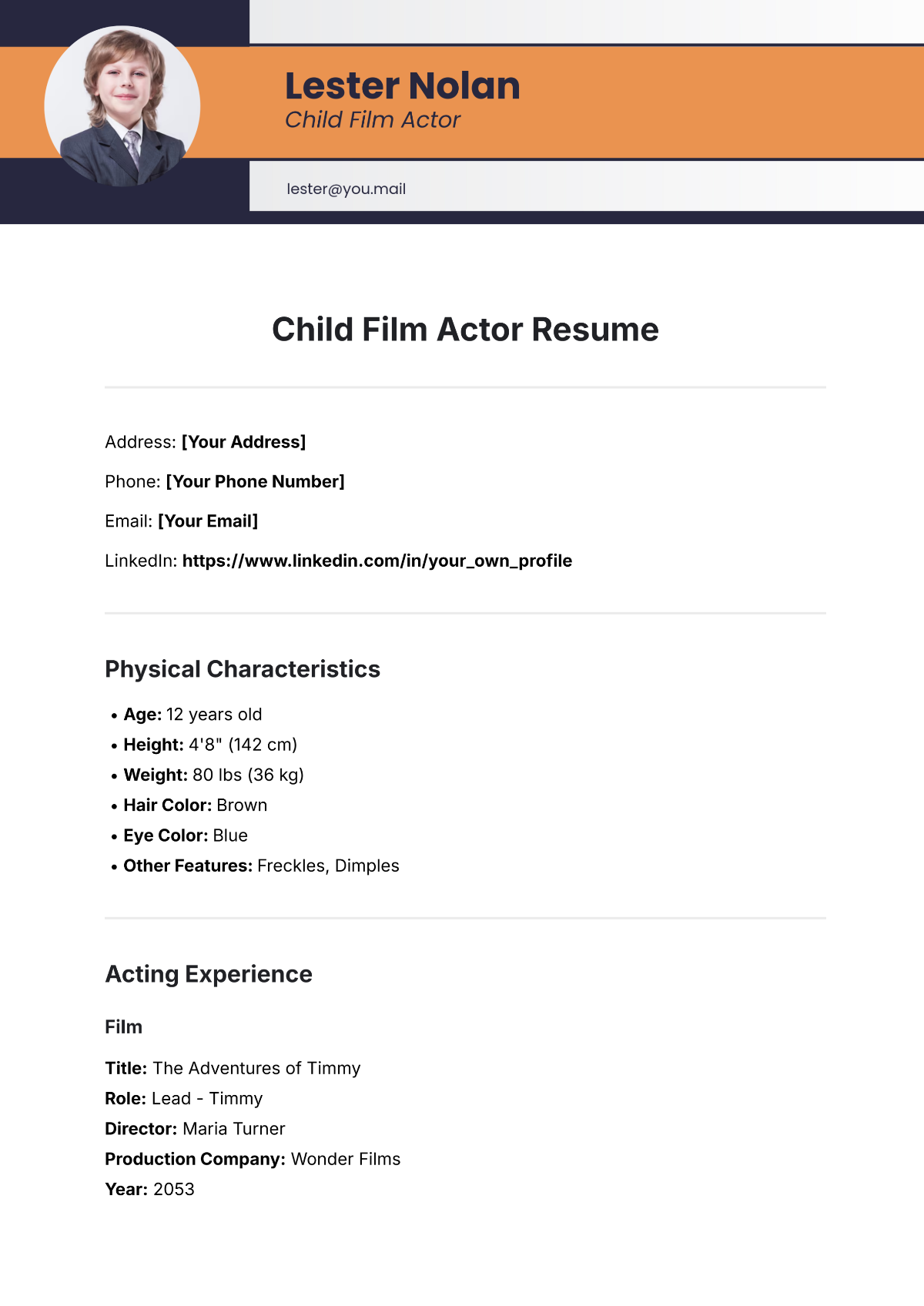 Child Film Actor Resume Template - Edit Online & Download