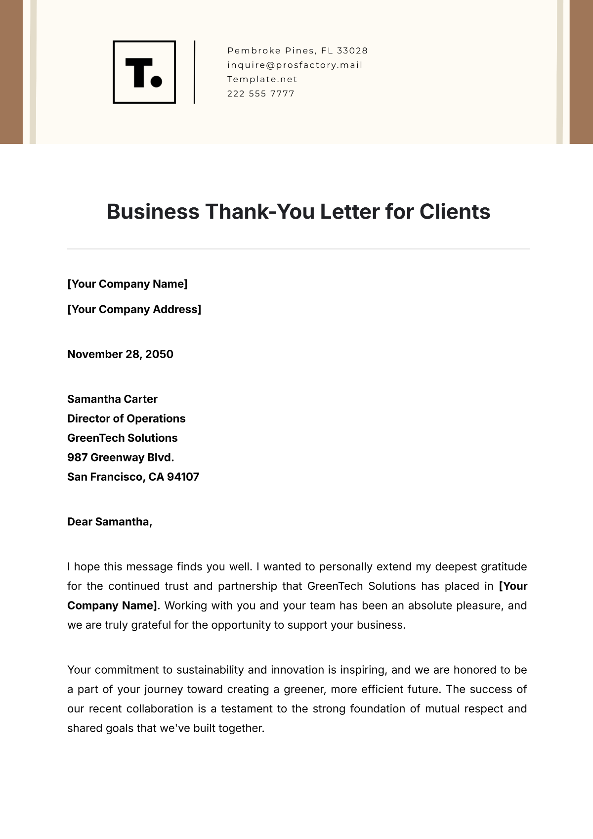 Free Business Thank-You Letter for Clients Template