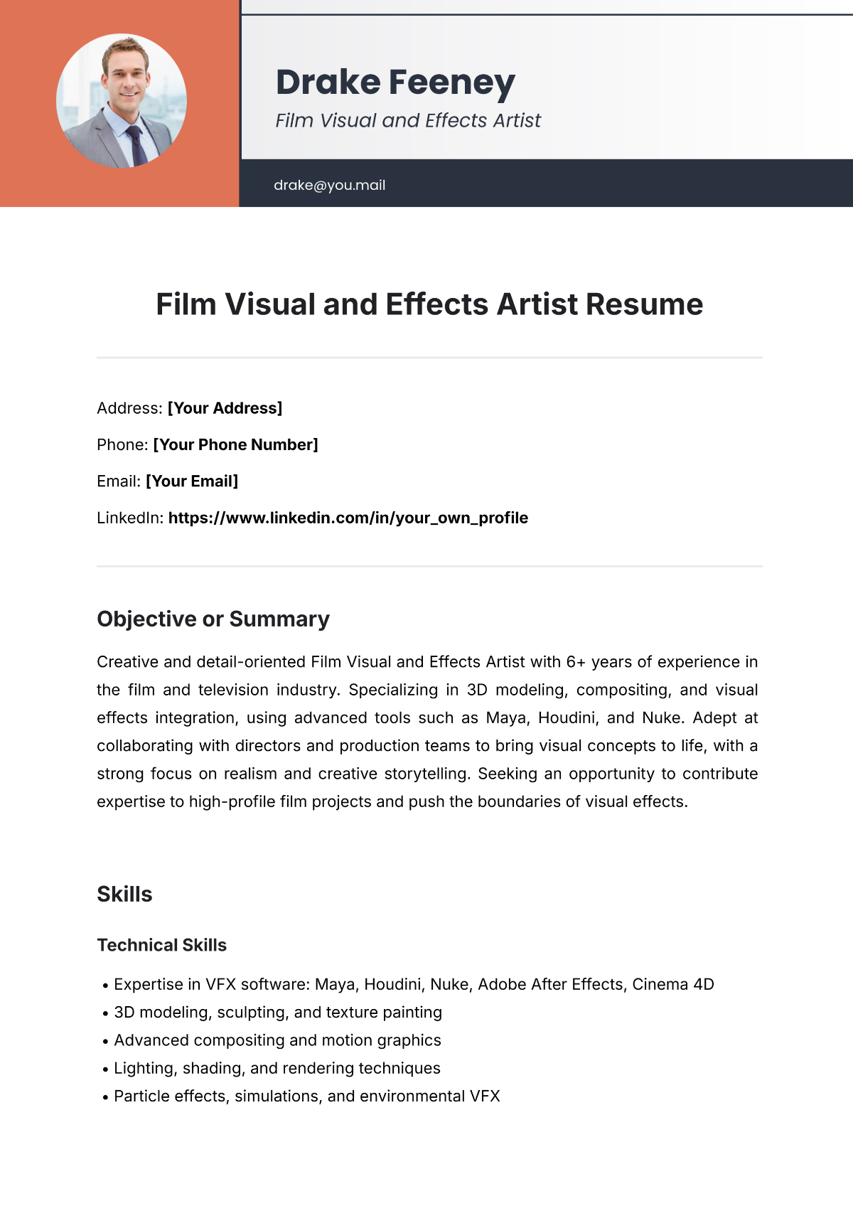 Film Visual and Effects Artist Resume Template - Edit Online & Download