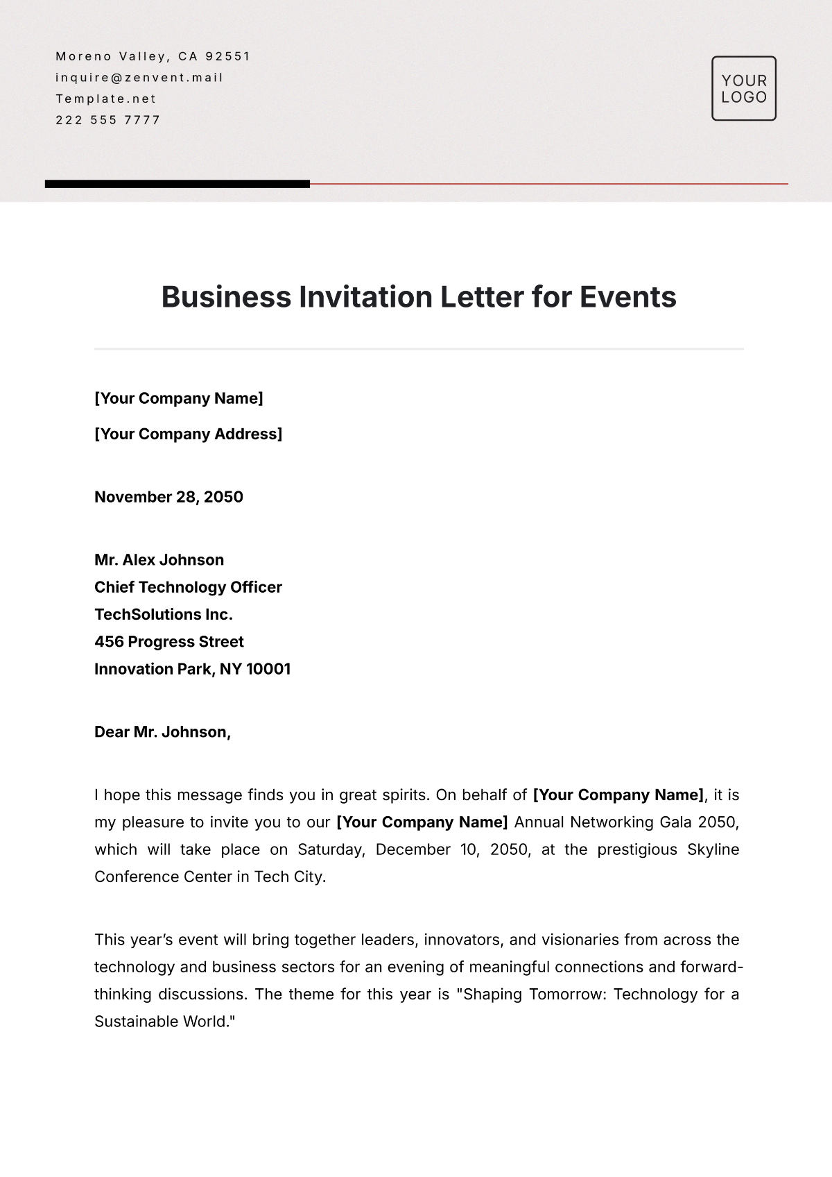 Free Business Invitation Letter for Events Template