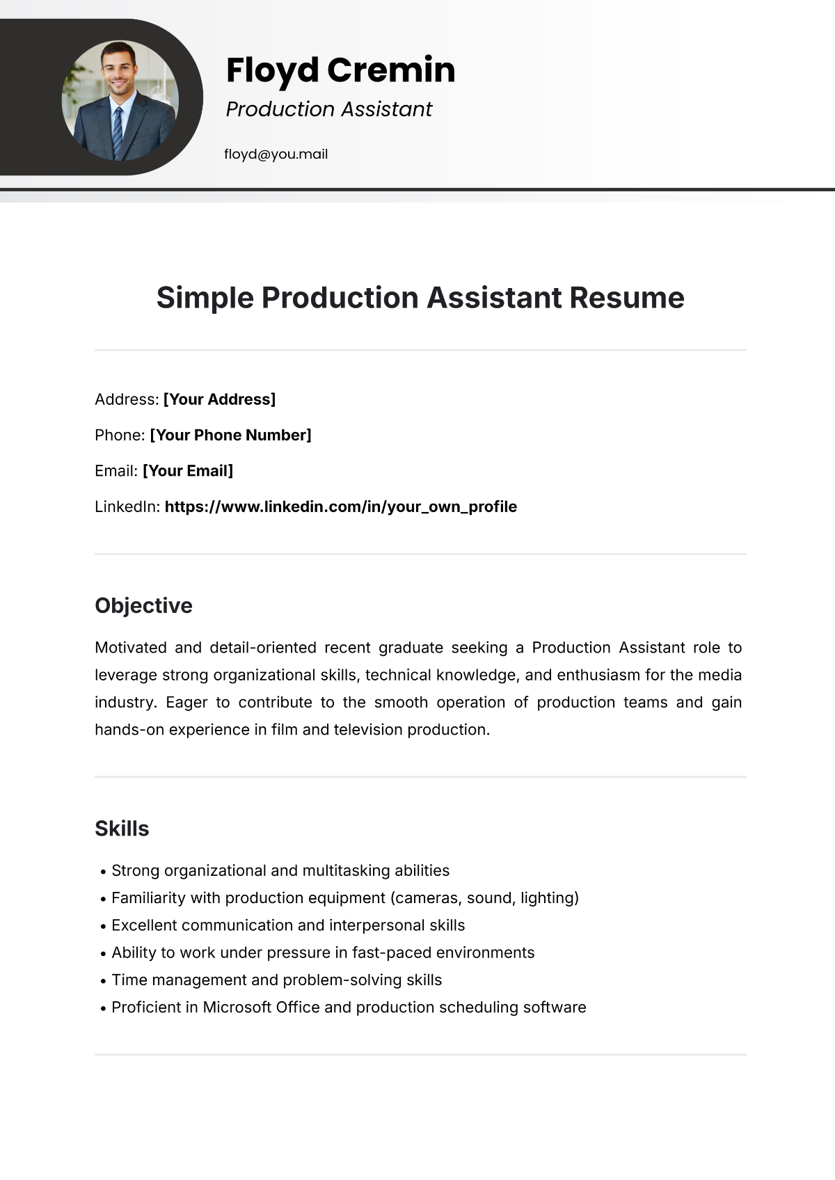 Simple Production Assistant Resume Template - Edit Online & Download