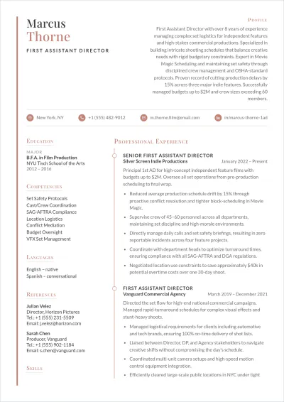 Free Assistant Film Director ATS Resume Template, AI Resume Builder