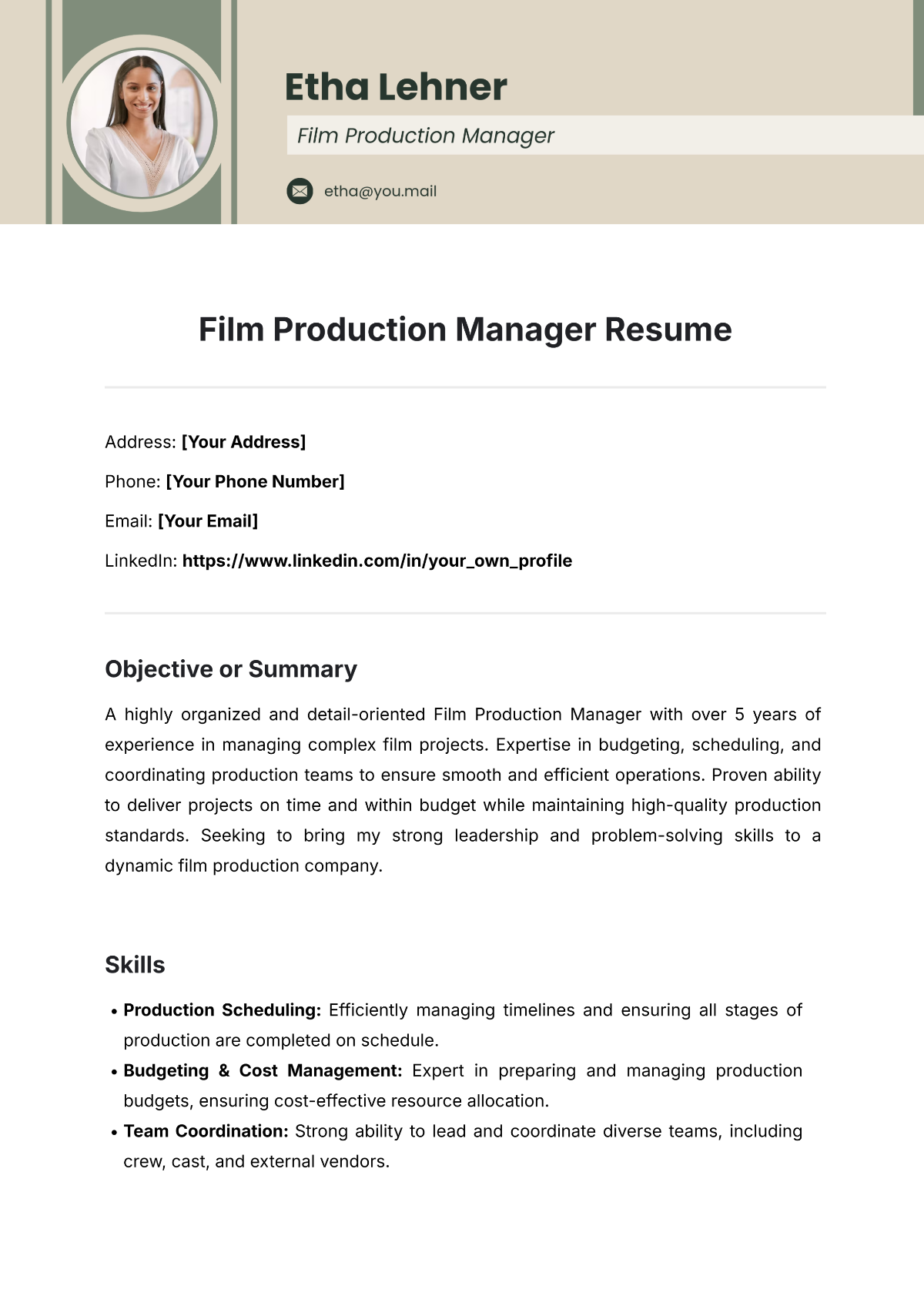 Film Production Manager Resume Template - Edit Online & Download