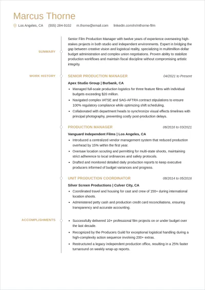 Free Film Production Manager ATS Resume Template, AI Resume Builder