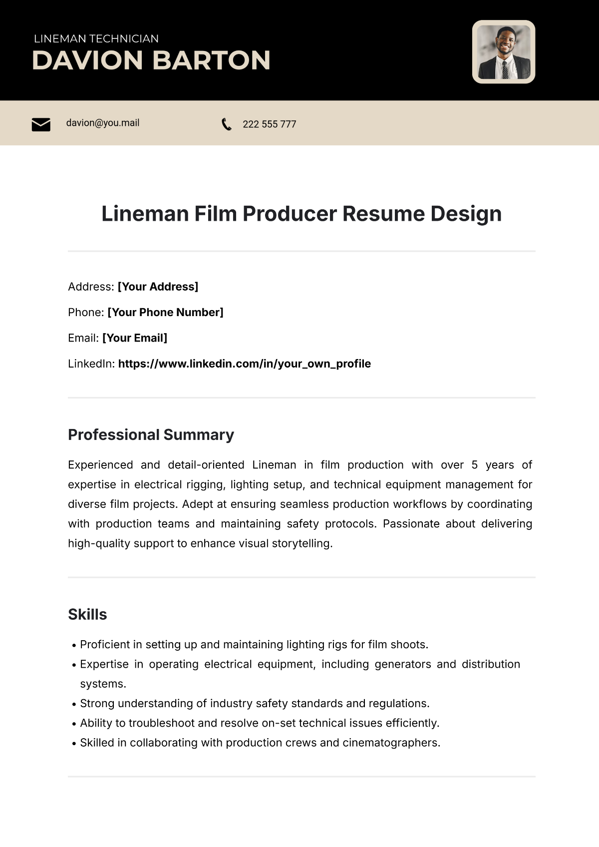 Lineman Film Producer Resume Design Template - Edit Online & Download