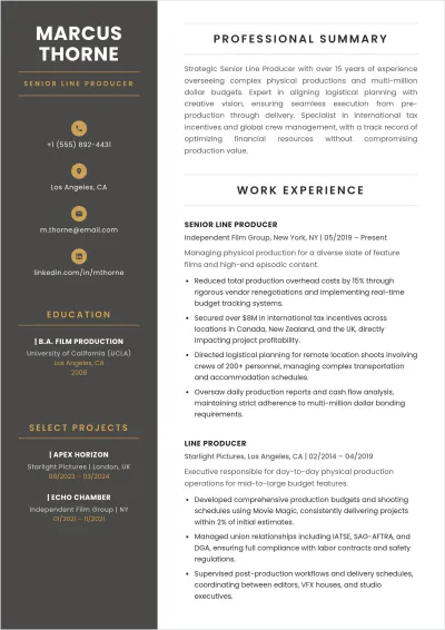 Free Lineman Film Producer ATS Resume Template, AI Resume Builder