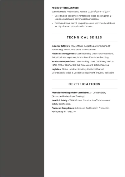 Free Lineman Film Producer ATS Resume Template, AI Resume Builder