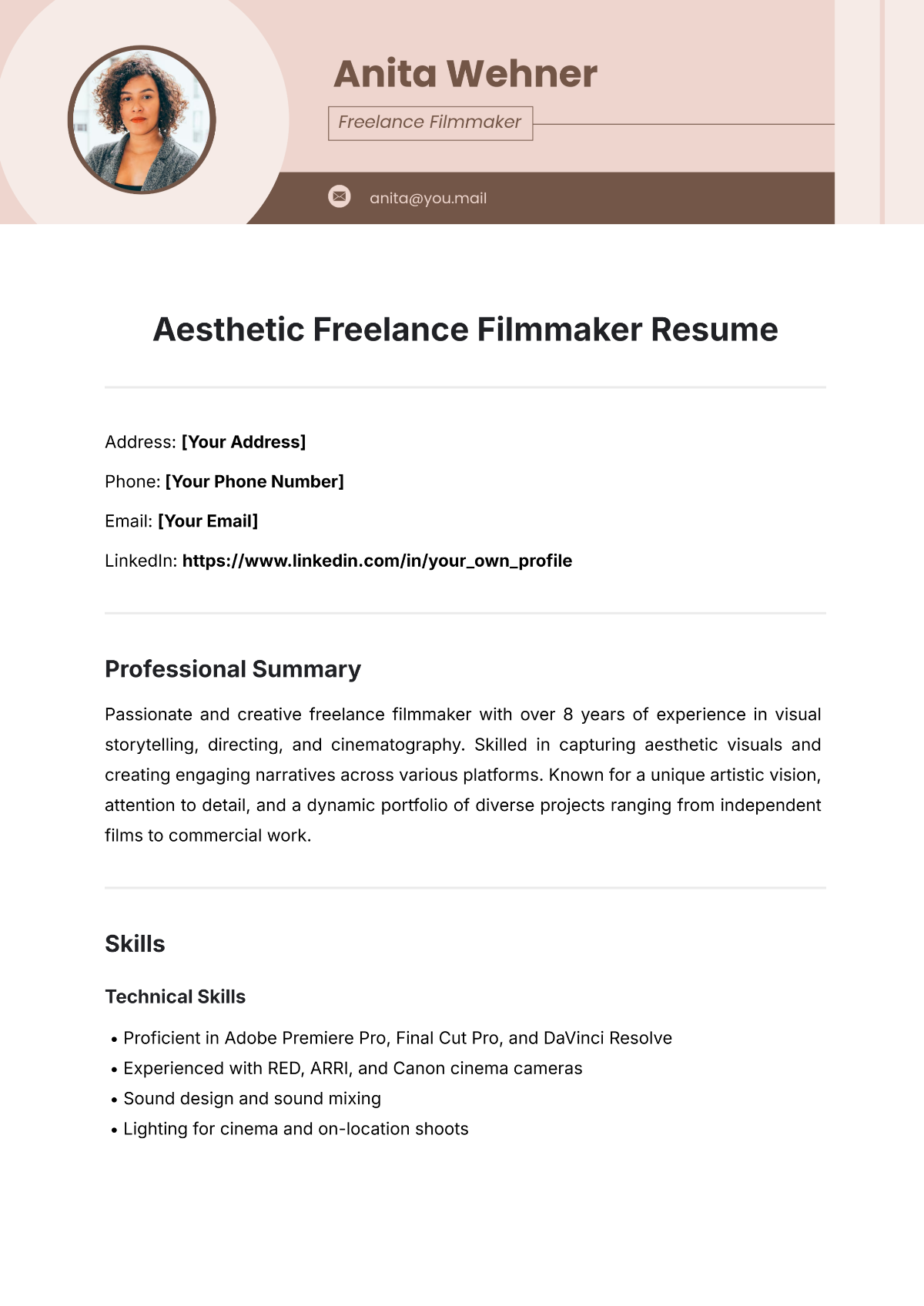 Aesthetic Freelance Filmmaker Resume Template - Edit Online & Download