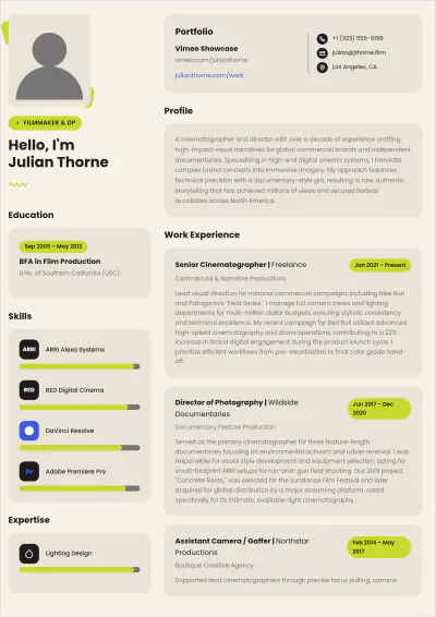 Free Aesthetic Freelance Filmmaker ATS Resume Template