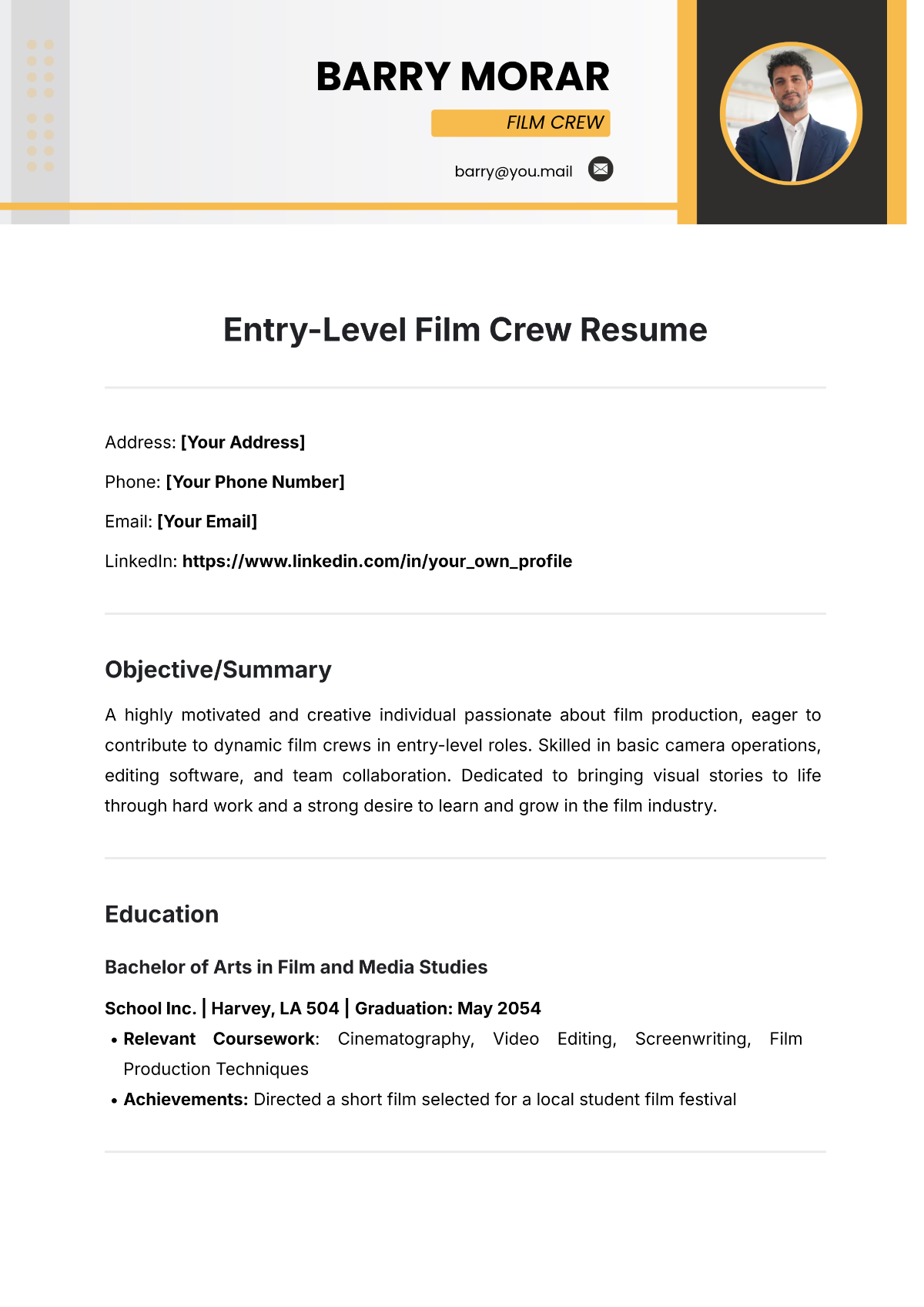 Entry-Level Film Crew Resume Template - Edit Online & Download