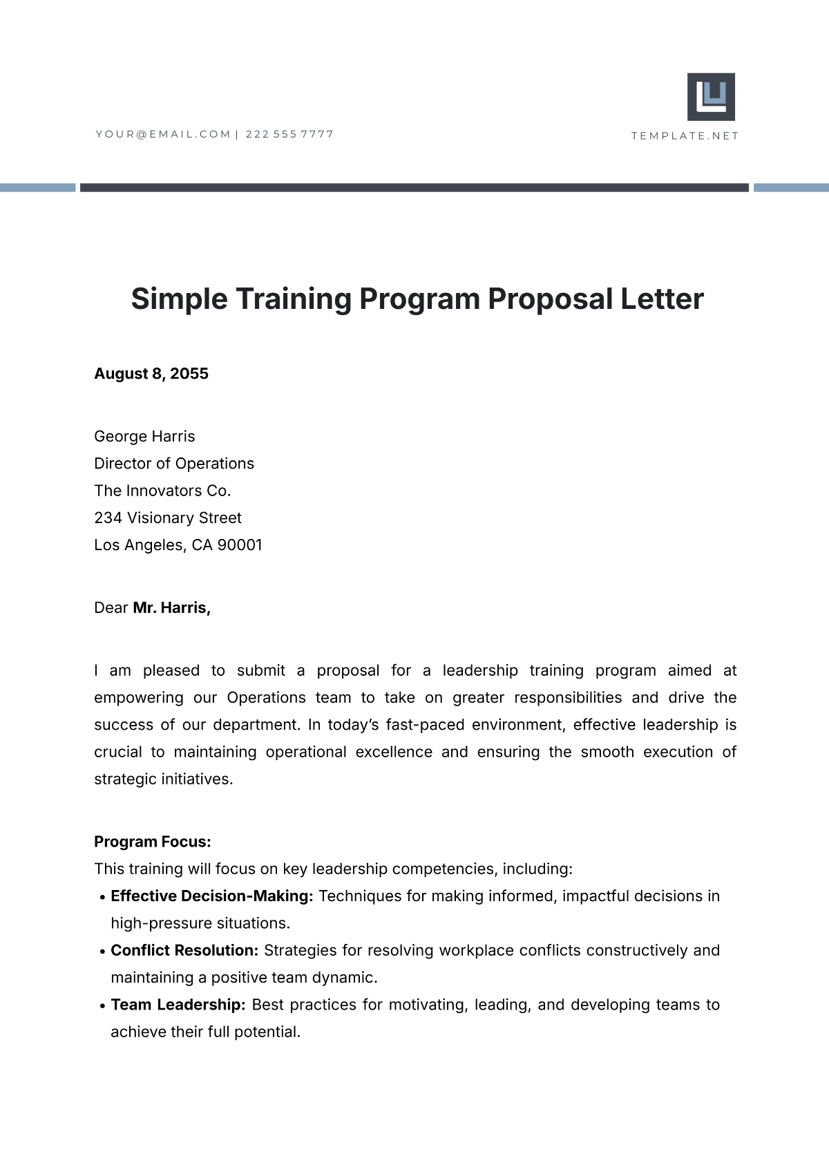 Simple Training Program Proposal Letter Template - Edit Online & Download