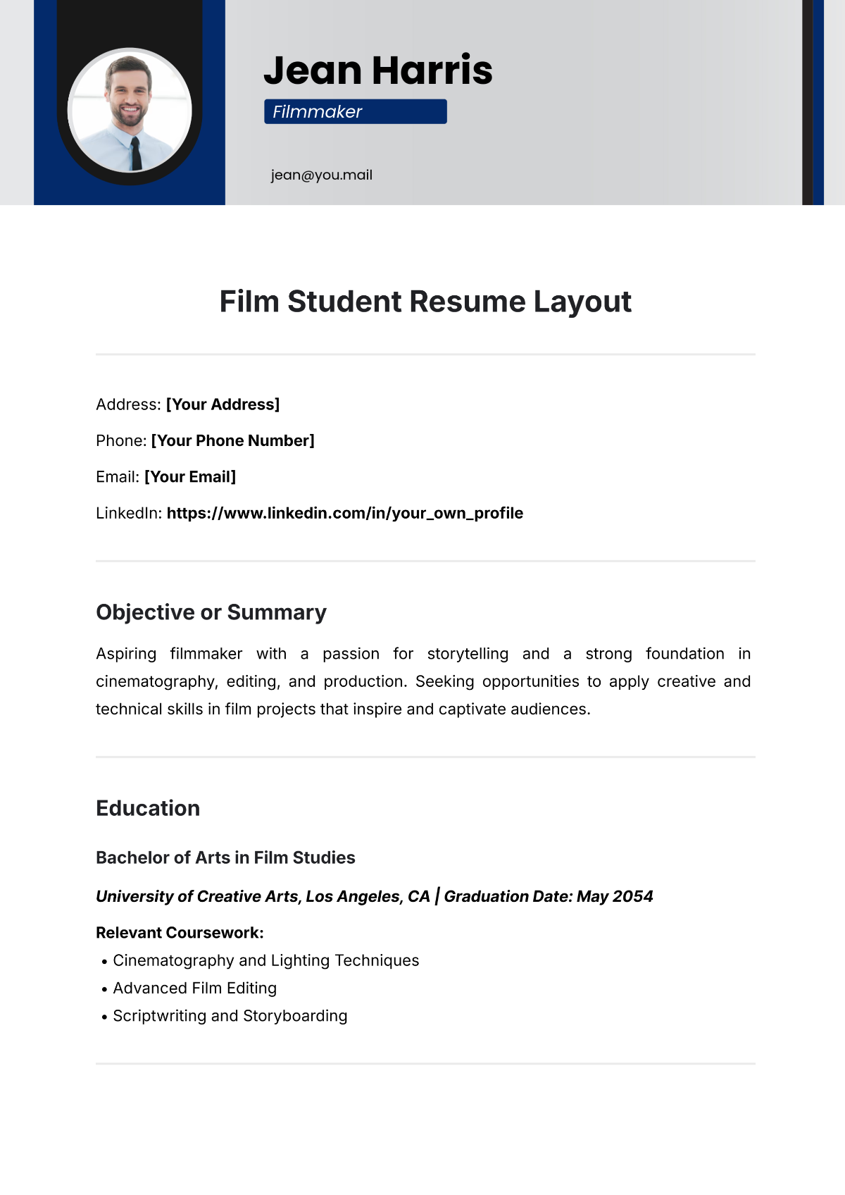 Film Student Resume Layout Template - Edit Online & Download