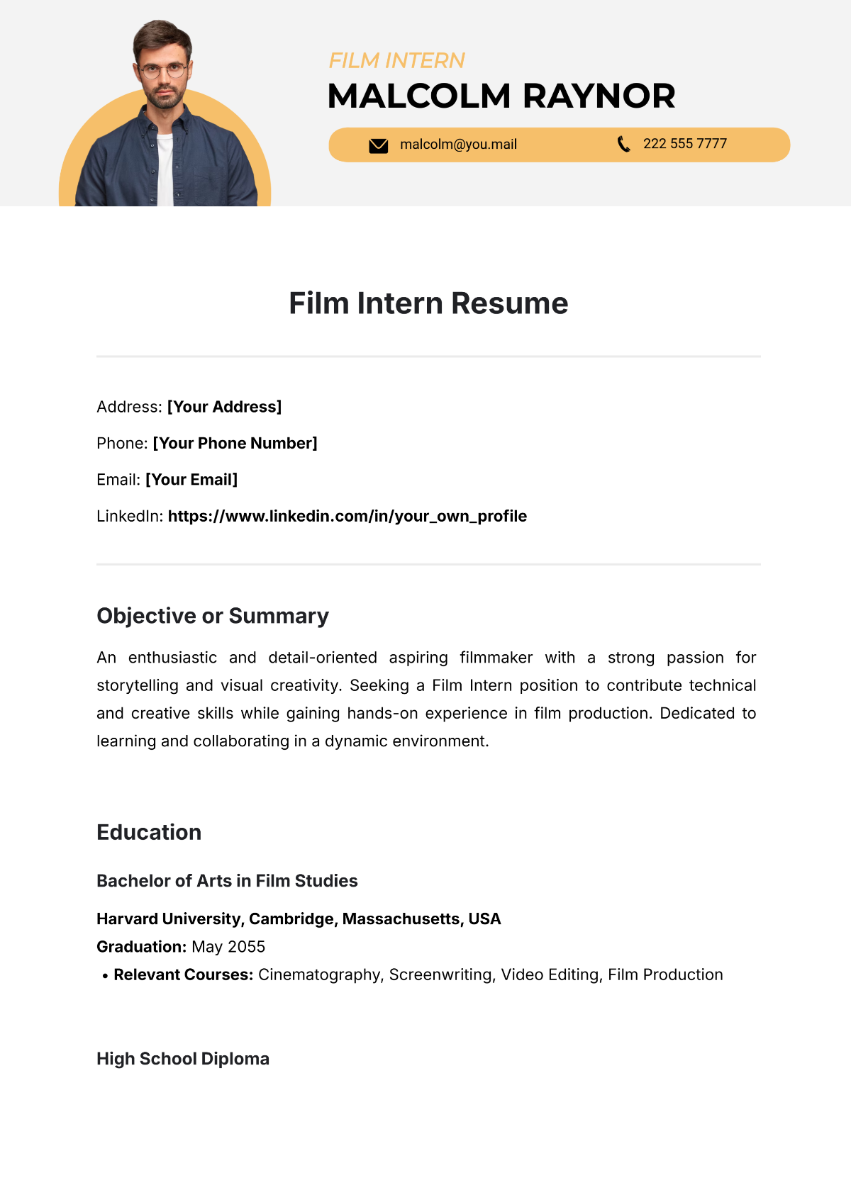 Film Intern Resume Template - Edit Online & Download