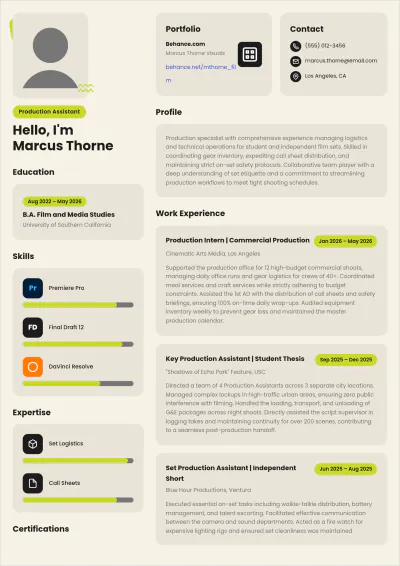 Free Film Intern ATS Resume Template, AI Resume Builder