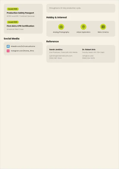 Free Film Intern ATS Resume Template, AI Resume Builder