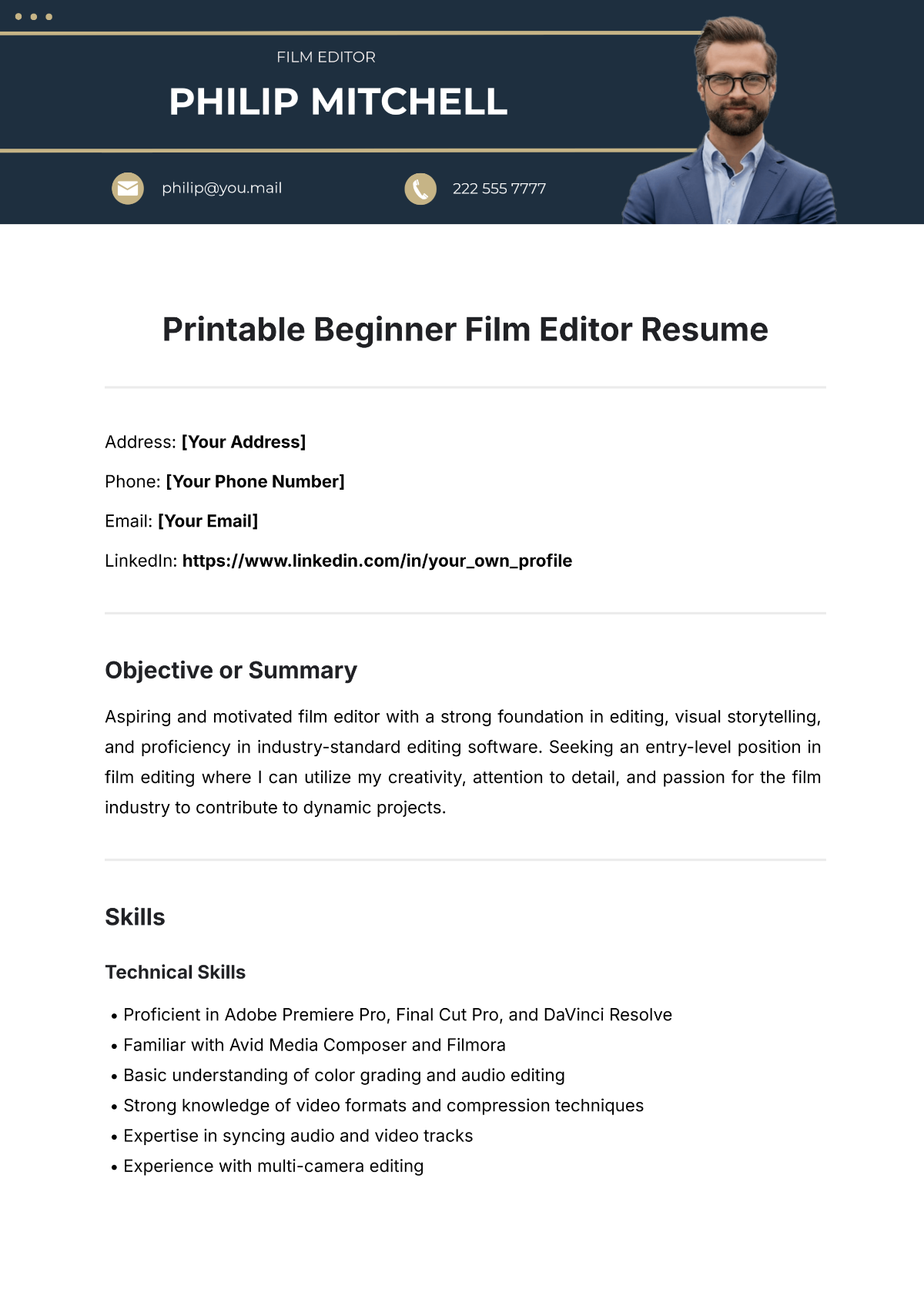 Printable Beginner Film Editor Resume Template - Edit Online & Download