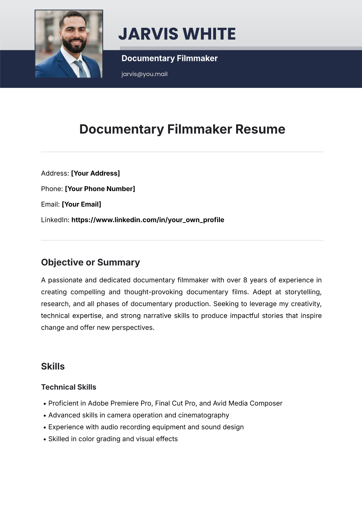 Documentary Filmmaker Resume Template - Edit Online & Download