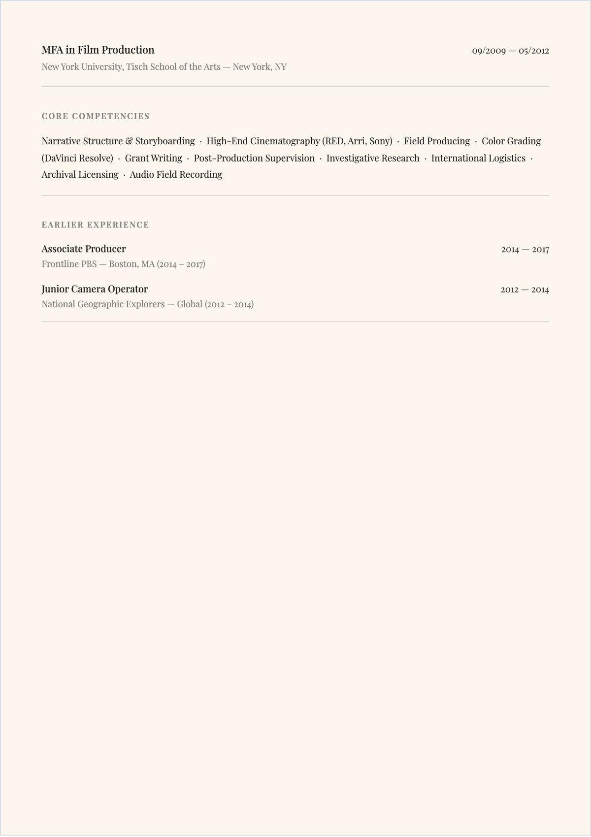 Free Documentary Filmmaker ATS Resume Template, AI Resume Builder