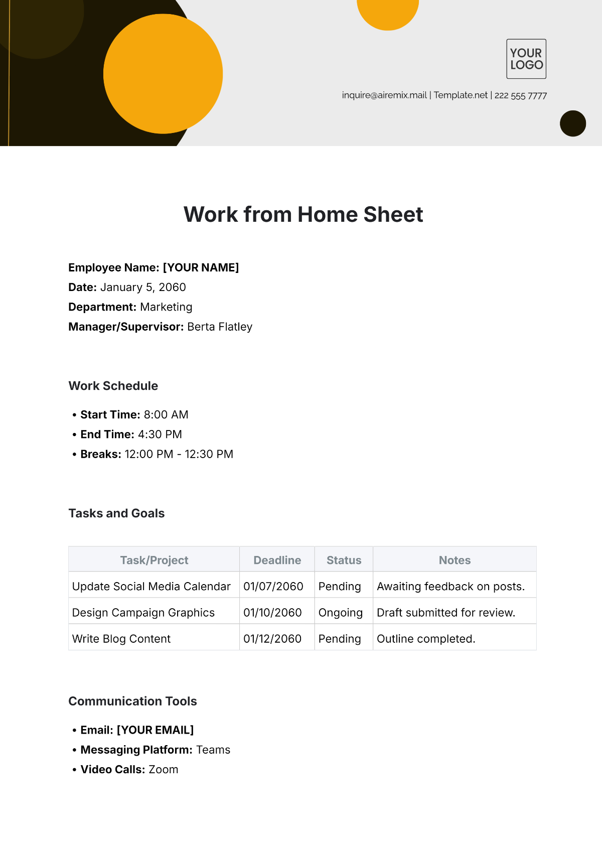 Work from Home Sheet Template - Edit Online & Download