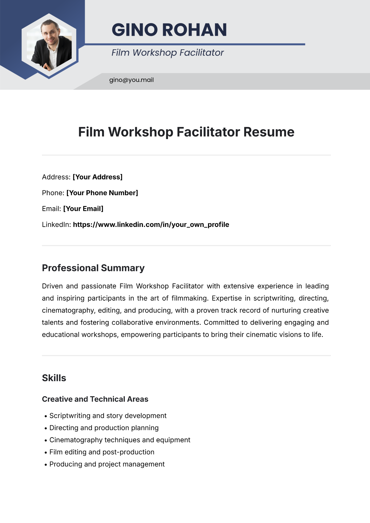 Film Workshop Facilitator Resume Template - Edit Online & Download