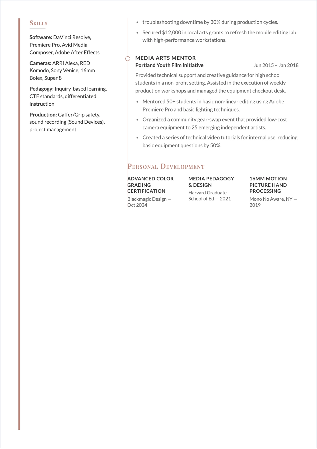 Free Film Workshop Facilitator ATS Resume Template, AI Resume Builder